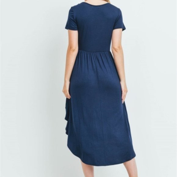 High Low Flowy Empire Pocket Short Sleeve Midi Dress Navy Blue L - Picture 2 of 4